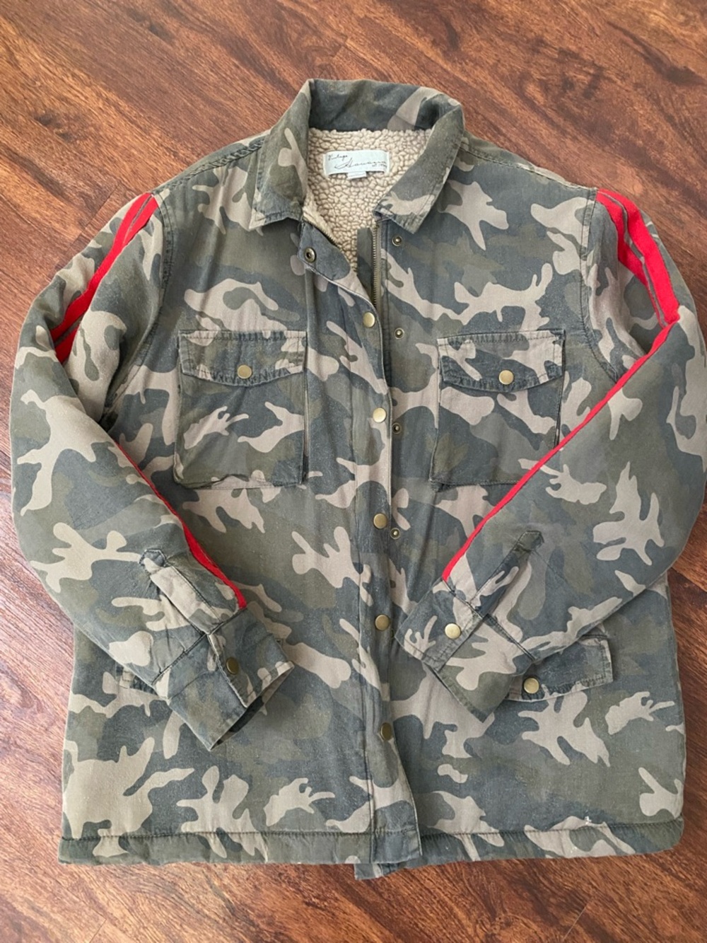 Camo Sherpa-Lined Utility Jacket with Red Stripes